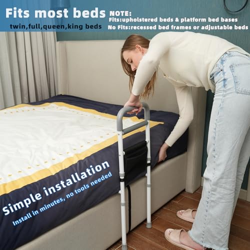 Bed Rails for Elderly Adults Safety - Adjustable Bed Assist Rail for Seniors Fall Prevention with Support Leg, Bedside Grab Bar Cane with Storage Pocket, Fits King, Queen, Full, Twin Bed
