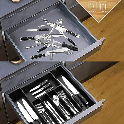 VaeFae Premium Bamboo Drawer Organizer, Expandable Silverware Drawer Organizer, Cutlery Tray with Dividers for Kitchen Utensils (Black, Large) - color: Black, size: Large