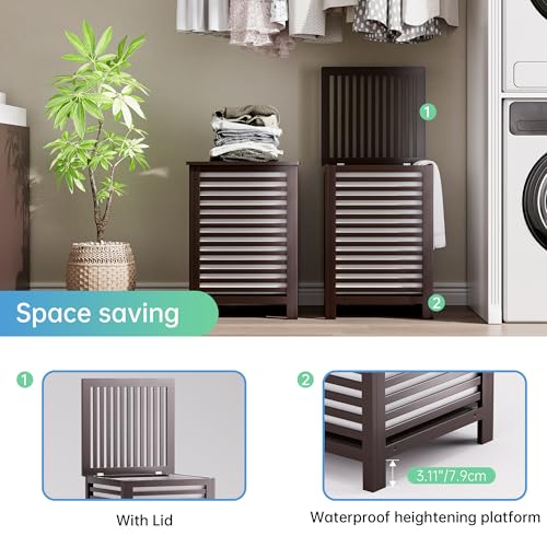 SMIBUY Double Laundry Hamper with Lid, 120L Bamboo Laundry Basket with Removable Liner Bag, 2-Section Clothes Divider Laundry Sorter for Laundry Room, Bathroom, Bedroom (Dark Brown) - color: Brown