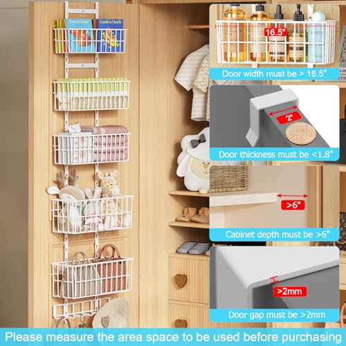 Hongtamoya Over The Door Organizer, Hanging Door Organizer with 5 Metal Baskets, Behind The Door Storage for Pantry Closet Bedroom Bathroom Cabinet Kitchen, White - color: White(new Version)
