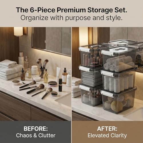 Stackable Plastic Black Storage Bins with Lids 6 Pack, 12 Quart Modular Organizer Boxes with Secure Latches for Closet, Pantry, Office and Small Item Storage - color: Black, size: 12 QT