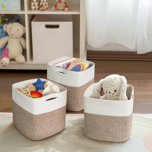 11x11 Cube Storage Bin - 3 Pack Woven Storage Cubes Organizer, 11 Inch Cotton Rope Baskets for Organizing, Square Baskets for Shelves, Baby Nursery Closet Bins, Cubby Toy Box Organizer - color: Brown