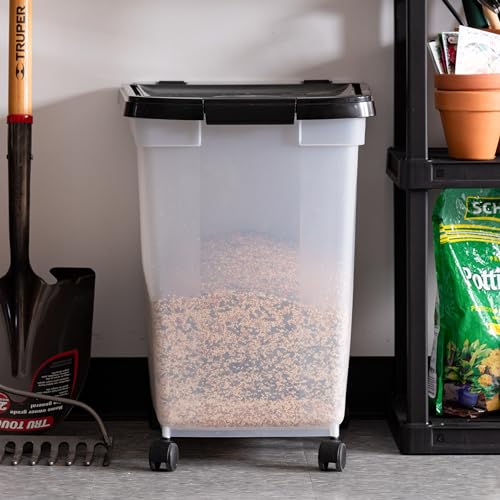 IRIS USA 50 Lbs / 65 Qt WeatherPro Airtight Pet Food Storage Container with Removable Casters, for Dog Cat Bird and other Pet Food Storage Bin, Keep Fresh, Translucent Body, Easy Mobility, Clear/Black