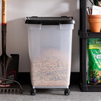 IRIS USA 50 Lbs / 65 Qt WeatherPro Airtight Pet Food Storage Container with Removable Casters, for Dog Cat Bird and other Pet Food Storage Bin, Keep Fresh, Translucent Body, Easy Mobility, Clear/Black