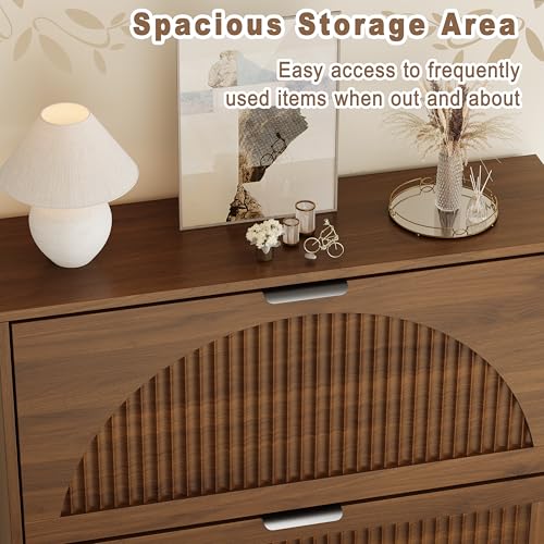 Shoe Storage Cabinet with 6 Flip Drawers, Narrow Wood Shoe Organizer Cabinet with Fluted Panel, Slim Shoe Rack for Entryway, Freestanding Shoe Cabinet for Living Room, Hallway, Walnut - color: Walnut, size: 6-Drawers