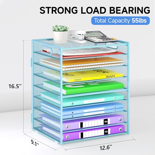 Cawukege 9 Tier Paper Organizer with Handle, Large Capacity Desk Organizer Mesh File Folder Letter Paper Tray Desktop Document Sorter for Classroom, School, and Office Accessories Organization- Blue - color: 1 Pack - Blue