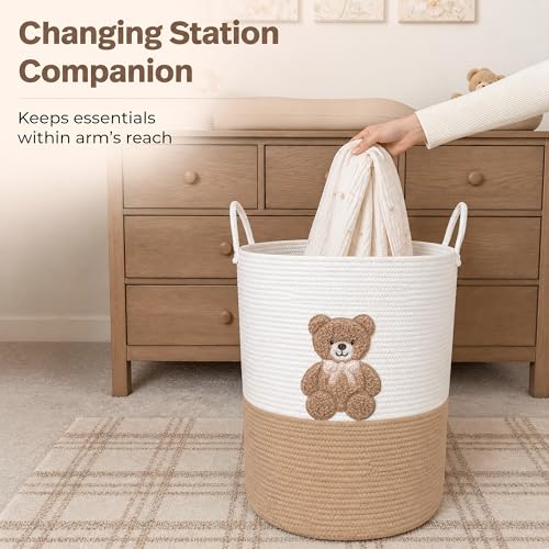 Teddy Bear Large Laundry Hamper for Nursery – 20"x15" Cotton Rope Woven Basket with Handles – Baby Clothes Hamper, Blanket Storage, Stuffed Animal Organizer – Gender Neutral Nursery Decor - color: Neutral Teddy
