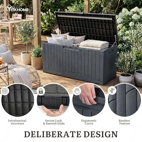 YITAHOME Large Outdoor Storage Box, 120 Gallon Waterproof Resin Deck Box w/Slide-Locking Black Lid, Patio Storage Bin and Bench Seat for Garden Tools, Cushions &Pool Supplies, Easy Assembly, Dark Gray - color: Dark Gray, size: 120 Gallon, style: Deck Box