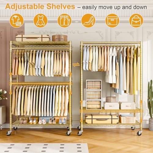 ULIFHOME P4 Plus Rolling Clothes Rack Heavy Duty, Clothing Racks for Hanging Clothes, Free Standing Garment Racks with Wheels, Portable Closet Rack 45'' W × 20.5'' D × 80.5'' H, Max Load 570 Lbs, Gold - color: Gold, size: P4 Plus