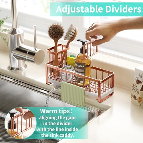 HapiRm Sponge Holder for Kitchen Sink - Self-draining Sink Caddy with Brush and Dishcloth Holders, Stainless Steel Kitchen Organizer for Countertop - Rose Gold - color: Rose Gold, size: with Dishcloth Holder