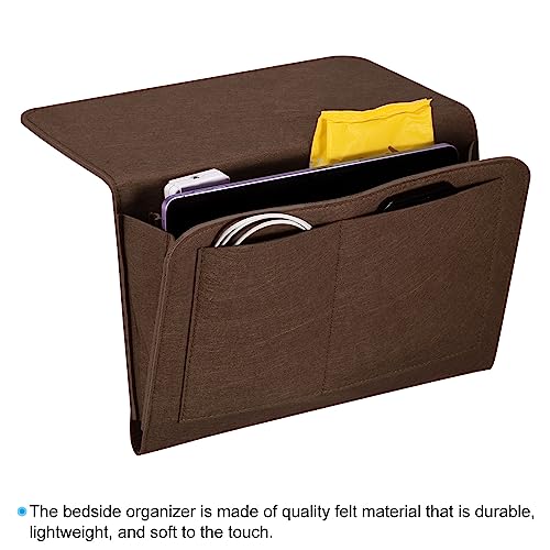 PATIKIL 13in Bedside Caddy, Bed Caddy Bedside Organizer Hanging Soft 5 Pockets Bed Pockets Bedside Storage Organizer Remote Control Holder for Bedroom Phones Glasses, Dark Brown - color: Dark Brown, size: 12.6*8.6inch