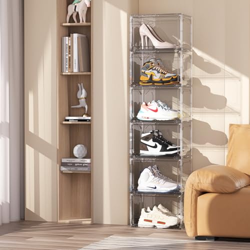 Shoe Box,Set of 6,Stackable Plastic Clear Shoe Box Organizer with Magnetic Door,Shoe Storage Box Thicken Sturdy,Easy Assembly,Fit up to US Size(Side opening door, Clear) - color: White, size: Side