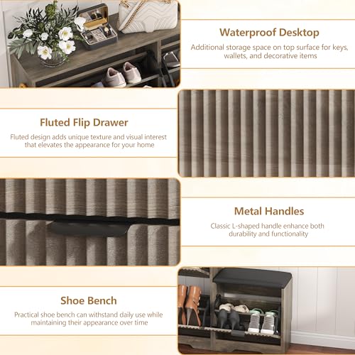 HUANLEGO Shoe Cabinet Storage for Entryway with 4 Flip Drawers, Grey Fluted Shoe Cabinet with Bench, Wooden Hidden Shoe Rack Freestanding Narrow Slim Shoes Storage Organizer for Hallway, Entrance - color: Grey, size: 4 Drawer with Bench
