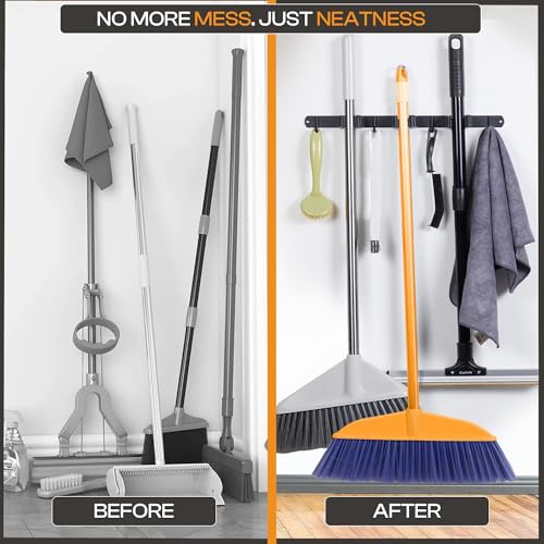 Heavy-Duty Stainless-Steel Broom Holder Wall Mount with 3 Racks and 4 Hooks | Waterproof Mop and Broom Hanger | Adjustable, Garage & Garden Tool Organizer | Black - size: 3 Racks & 4 Hooks