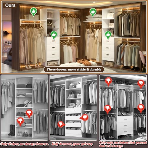 8FT Closet System, 96'' Closet Organizer System with 3 Hanging Rods, Wall Mount Bedroom Wardrobe with 3 Drawers Walk-in Closet, Adjustable Cloth Garment Rack from 5 to 8FT (Cut to Fit), White - color: White