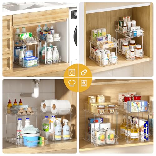 Delamu 2-Tier Under Sink Organizers and Storage, Multi-Purpose Stackable Bathroom Cabinet organizers, Pull Out Kitchen Pantry Organization and Storage with Dividers(3 Pack, Clear) - color: Clear, size: 3 Pack