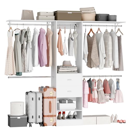 Closet System, Closet Organizer System With 2 Wood Drawers, Walk-In Closet Storage System With 5 Hanging Rods, Adjustable Cloth Garment Rack, Fits Spaces 4 to -9FT, White - color: ‎2 drawer 3 shelve, size: 1 PC