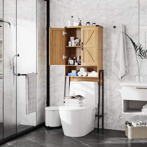 Over The Toilet Storage Cabinet with 2-Door Design Bathroom Organizers and Storage with Anti-Tip Device Over Toilet Organizer with Shelves for Bathroom,Restroom,Laundry Natural - color: Natural