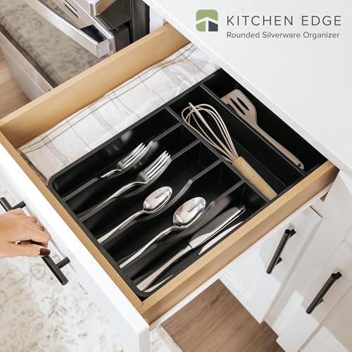 KitchenEdge Silverware Organizer - Cutlery, Flatware, and Utensil Holder for Kitchen Drawers, Fixed 10.5” Width, 7 Storage Compartments, Non-Slip Feet, Rounded Corners, 100% Bamboo, Black Finish - color: Black Bamboo