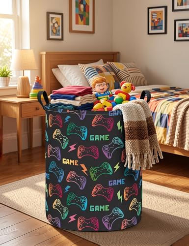 Round Game Controller Laundry Basket,Collapsible Laundry Hamper for Kids Boys,Waterproof Video Game Toy Storage Bin for Bedroom,Playroom, Boys Room,Gamer Gift (GAME) - color: Round GAME