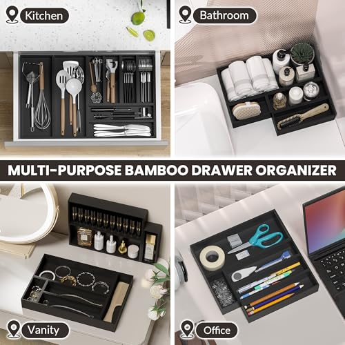 Kitchen Drawer Organizer Bins, Stackable Bamboo Drawer Organizer for Silverware, Coffee Pod Organizer K Cup Holder for Countertop, 2 Pcs Coffee Station Organizer Black 12" x 6" x 2.5" - color: Black, size: 12 x 6 x 2.5 Inch