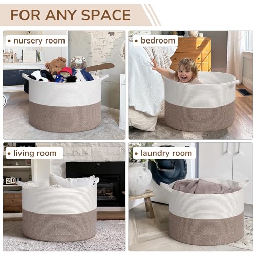 INDRESSME 115L Extra Large Blanket Basket, Soft Cotton Rope Storage Basket for Organizing, Home Decor, Toys, Laundry & Towels, Toy Storage Organizer for Living Room & Nursery, White & Brown - color: White & Brown, size: 23.6"D x 15.7"H