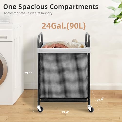 STORAGE MANIAC Rolling Laundry Hamper with Wheels 1-Section Laundry Sorter Rolling Laundrys Basket on Wheels with Removable Bag Clothes Hamper Laundrys Organizer Cart Bathroom Bedroom 90L Grey - color: Grey, size: 1-Section