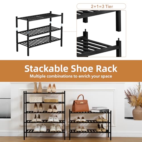 3 Tier Bamboo Shoe Rack Storage Organizer for Closet, Multifunctional Stackable Free Standing Shoe Shelf Organizer for Small Space,Entryway,Hallway,Bathroom 27"x11"x20" (Black, 3 Tier) - color: Black, size: 3 Tier