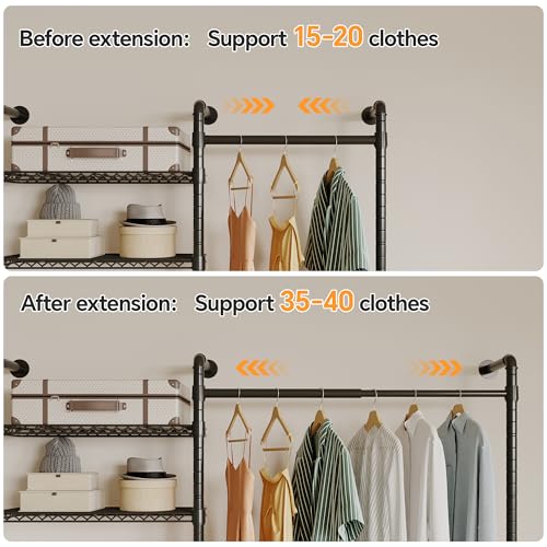 Higeego W5 Industrial Clothes Rack, Clothing Rack for Hanging Clothes, Heavy Duty Wall Mounted Closet System Black Expandable Garment Racks, Sturdy Steel Pipe Wardrobe Closet, 1300LBS Load 9' to 12'9" - color: Black