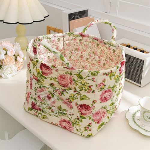 Quilted Fabric Basket Foldable Car Storage Boho Floral Laundry Basket Hamper for Nursery Bedroom & Living Room | Organize Clothes Toys - color: Summer Roses
