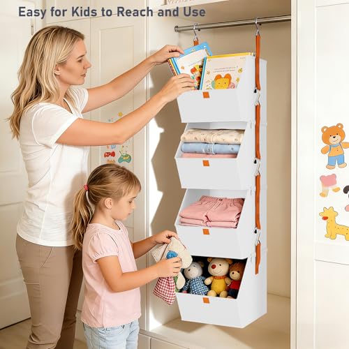 DIMJ Hanging Closet Organizer - 4 Tier Collapsible Hanging Shelves with Hooks Zipper, Fabric Clothes Organizer, Space-Saving Storage Bin Basket for RV, Bedroom, Laundry Organization - color: White, size: 4 Pack