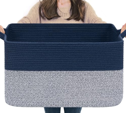 Goodpick Large Blanket Basket 22" x 17" x 12" Woven Storage Baskets for Organizing, Decorative Cotton Rope Basket for Living Room Home Decor, Toy Baskets for Kids, Mixed Blue - color: Blue, size: 22"L x 17"W x 12"H