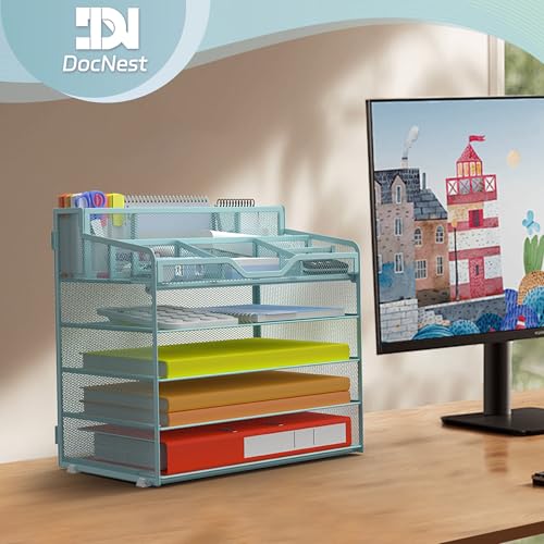Docnest 5 Tier Mesh Desk Organizer for Paper Office Supplies – Multi-Functional Letter Tray with 5 Adjustable Compartments, 3 Pen Holders, Desktop Storage for Files, Mail, Stationery – Blue - color: Blue, size: 12.7" x 9.1" x 13.2"