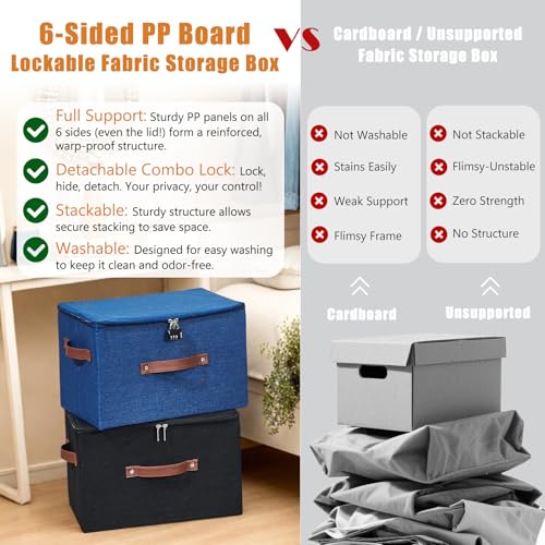 2PCS Storage Bins Boxes with Zipper Lid Combination Lock PU Leather Handles Cotton Linen Fabric Lidded Lockable Baskets Foldable Washable Closet Shelf Organizer Container (Black, Small) - color: Black, size: Small ( Set of 2 )