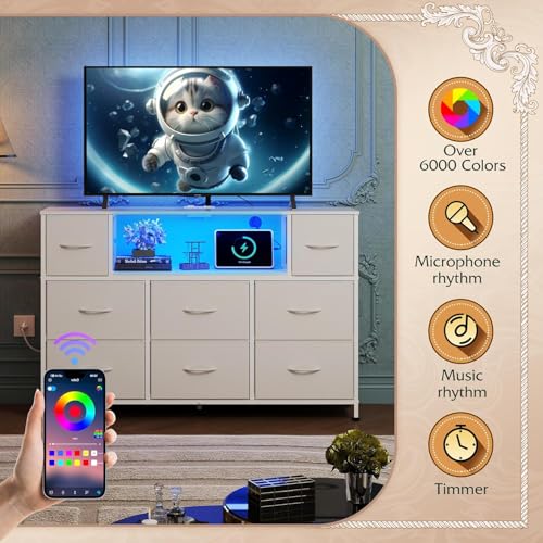 Simple Deluxe TV Stand Dresser with 8 Fabric Drawers and Open Shelves, Entertainment Center with LED Lights & Charging Station, Wood Top for 45" -55" TV, for Bedroom/Living Room/Hallway, White - color: White, size: 47.2"D x 11.8"W x 31.5"H (8 Drawers)