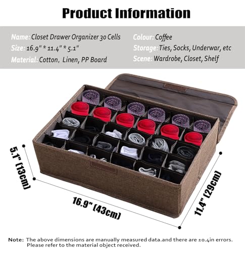 AARAINBOW 2 Packs Underwear Socks Ties Storage Organizer with Lids Foldable Closet Drawer Organizer 60 Cells, Fabric Wardrobe Divider Storage Boxes for Scarves and Lingerie (30 Cell, 2 Coffee) - color: Coffee, size: 2*30 Cells