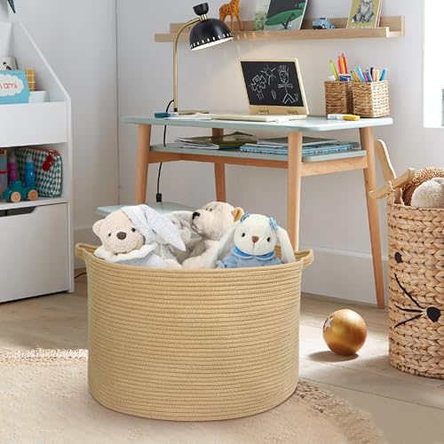 MEGASKET Extra Large Storage Basket, 22" X 22" X 14" Stuffed Animal Basket for Living Room Kids Room, Soft Cotton Rope Bin With Handle, Throw Blanket Storage, Stuffed Animal Toy Organizer Box - color: Jute, size: 22"x22"x14"