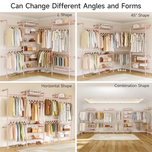ONBRILL L4 Wall Mounted Industrial Pipe Clothing Rack, Closet Organizer System with 6 Hanging Clothes Rods ( 4 Expandable Rods) & 8 Shelves, Heavy Duty Corner Garment Rack, Large Wardrobe - Pink - color: Pink