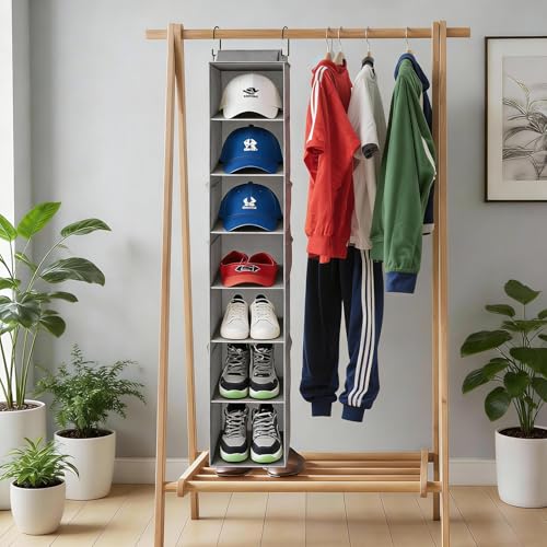 VERONLY Hanging Shoe Organizer for Closet,8-Shelf Hanging Storage with Side Mesh Pockets,Wider Shelves for Baseball Caps,Clothes (9" W × 11.8" D × 54" H) Grey - style: Gray Bamboo Hanging