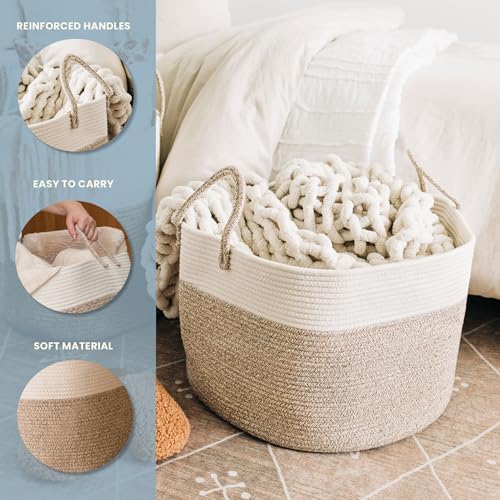 OrganiHaus Large Woven Storage Basket for Blankets and Toys 20" x 13" Inch, Rope Laundry Basket with Handles, Cushions & Pillows Storage Bin, Nursery Hamper, Soft Round Dog Toy Bin - Brown/Off-White - color: Brown / Off-White, size: Wide