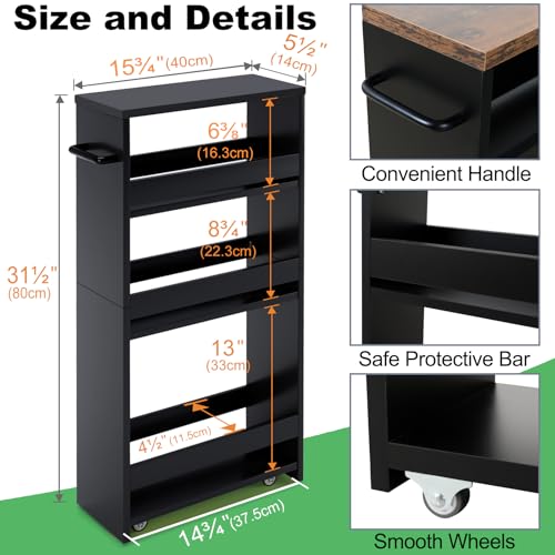 MARTY Slim Rolling Storage Cart 4-Tier Kitchen Cart with Wheels, Laundry Room Storage with Handle Slide Out Utility Cart Shelving Unit Organizer Trolley for Narrow Places Bathroom Small Corner, Black - color: All Black, size: 5.51"D x 15.75"W x 31.5"H