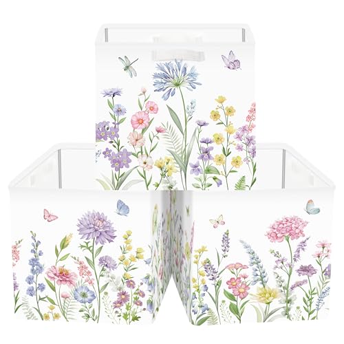 Clastyle 3 pcs 11.8'' Spring Summer Flower Storage Basket for Shelves with Metal Frame Large Butterfly Girl Clothes Toy Book Cube Bin for Bedroom Playroom,Color Floral - color: Color Flowers