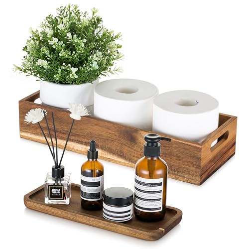 Hanobe Bathroom Toilet Tank Basket: Wood Acacia 2pcs Toilet Paper Topper with Vanity Tray Back of Organizer Toiletry Storage Holder Box