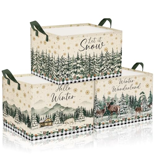 Geelin 3 Pcs Christmas Winter Baskets Wonderland Storage Basket for Gifts Collapsible Waterproof Canvas Xmas Reindeer Storage Bin Organizer with Handles for Book Closet Shelf Nursery Decor - style: Christmas Winter