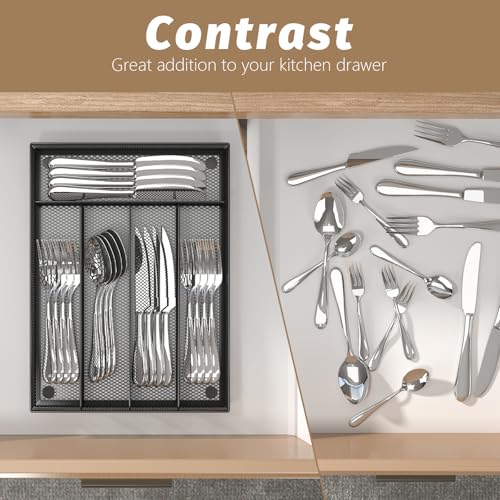 Sedegn Silverware Organizer Metal Mesh, Small Drawer Organizer, Utensil Cutlery Tray for kitchen drawers, Flatware Organizer with 5 Compartment, Black(9.3"*12.6") - color: Black, size: 9.3"*12.6"