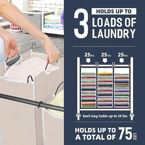 STO STO Laundry Sorter 3 Section, 3 Bag Clothes Hamper, Rolling Laundry Cart Basket with Heavy Duty Lockable Wheels and Removable Bag for Laundry Room, Bedroom, Closet, Beige - color: Beige, size: 3-Section