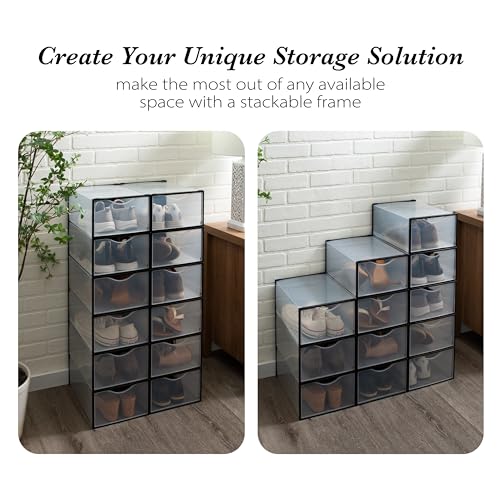Simplify Set of 12 Stackable Shoe Boxes | Customizable | Fits Size 11 Shoes | Drop Front Design | Closet Storage | Sneakers | Heels | Clear and Black - color: Black