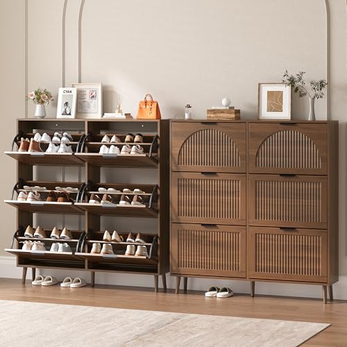 BORNOON Shoe Cabinet for Entryway with 6 Flip Drawers, Slim Wooden Shoe Storage Organizer with Modern Fluted Pannel，Freestanding Narrow Hidden Shoe Rack for Hallway, Foyer, Living Room - color: Walnut, size: 6 Flip Drawers