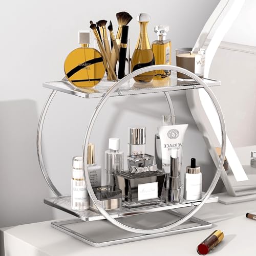 Perfume Organizer for Bedroom Dresser- Sliver Makeup Organizers for Vanity, 2 Tier Bathroom Countertop Organizer Perfume Tray Skincare Storage Cosmetic Display Rack, Make Up Counter Shelf - color: Silver, Circular