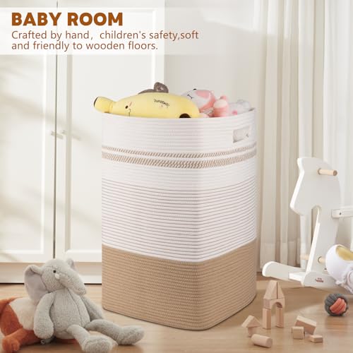 96L Extra Large Cotton Rope Laundry Basket for Bedroom & Laundry Room, Tall Clothes Hamper with Sturdy Handles, Neutral Storage Bin Capable of Holding Blankets and Toys - color: Jute & White, size: 96L